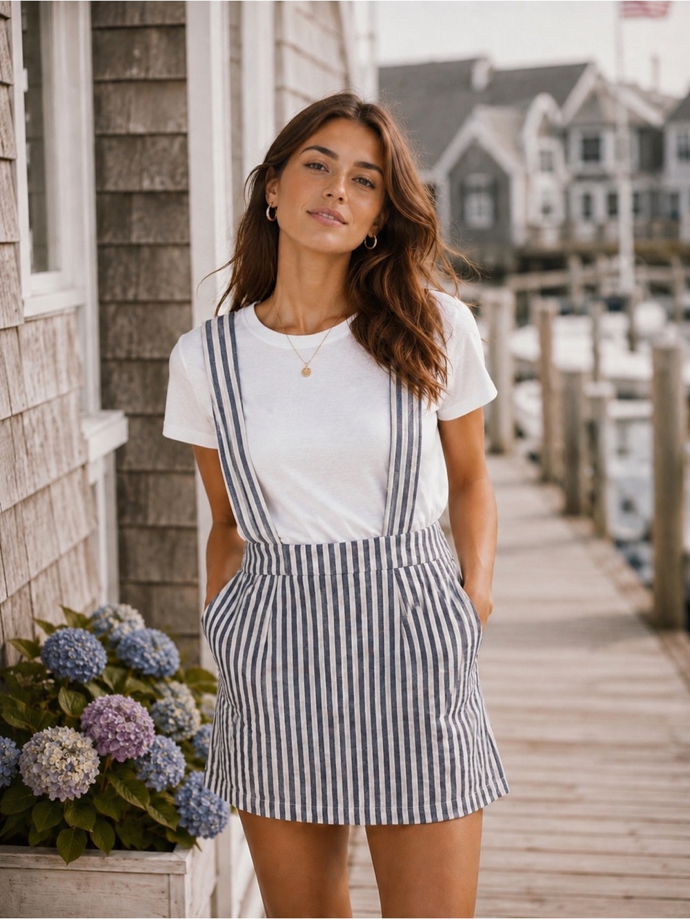 CARMAR Blue White Striped Overall Skirt Dress Linen Suspender Mini NWT 8